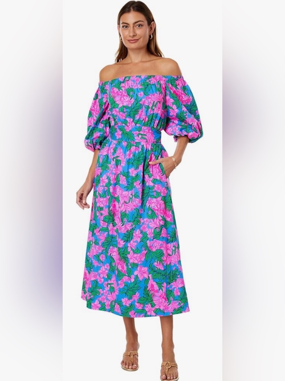 Lilly Pulitzer Shawnlee Off Shoulder Puff Sleeve Midi Dress M Pink Blue NWT